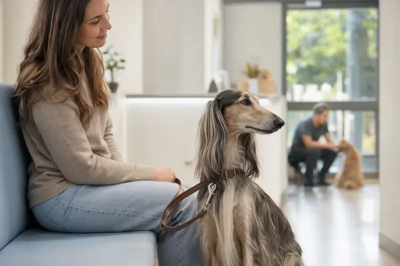 Ein Persischer Windhund sitzt ruhig neben seinem Besitzer im hellen Wartezimmer einer modernen Tierarztpraxis.